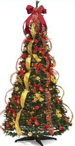 lot 10824 image: 6 Ft Pre-Lit Pre-Decorated Christmas Tree Easy Assembly Pull Up Pop Out Christmas Tree with Decorations, 350 Warm Lights, and Stand