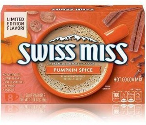 lot 10839 image: Swiss Miss Pumpkin Spice Hot Cocoa Mix, made with Premium Imported Cocoa and Real Non-Fat Milk Gluten Free, No Artificial Colors, Flavors, Preservatives, or Sweeteners. 1 Box of 8 Envelopes.