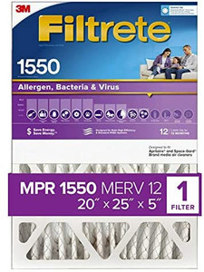 lot 14029 image: Filtrete 20x25x5, AC Furnace Air Filter, MPR 1550 DP, Healthy Living Ultra Allergen Deep Pleat, 2-Pack (actual dimensions 19.56 x 24.13 x 4.75)