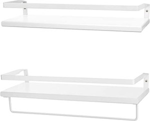 lot 14038 image: Peters Goods Modern Floating Shelves with Rail - Wall Mounted Bathroom Wall Shelves with Towel Bar - Also Perfect for Bedroom Decor and Kitchen Storage - Solid Pine Wood Shelf Set of 2 (White)