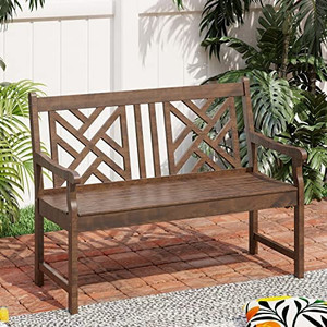 lot 14041 image: PHI VILLA Outdoor Garden Wooden Bench, 4 Ft Acacia Wood Bench with Curved Backrest and Armrest, 2 Seat All Weather Bench for Patio, Lawn, Balcony, Yard, Porch - Brown