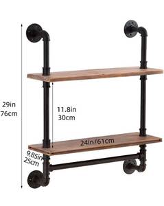 lot 34043 image: Industrial Pipe Shelving,Iron Pipe Shelves Industrial Bathroom Shelves with Towel bar,24 in Rustic Metal Pipe Floating Shelves Pipe Wall Shelf,2 Tier Industrial Shelf Wall Mounted with Hook ROGMARS