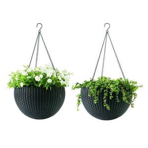 lot 44015 image: Keter Round Resin 13.8 D Hanging Planters, 2 Pack, Brown Rattan