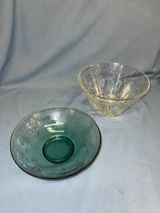 lot 33040 image: Vintage green bowl with etched fish (small chip) and etched crystal bowl - both about 9 inches wide