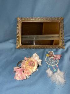 lot 33042 image: Vintage dresser tray with mirror, corsage on beautiful expandable rhinestone bracelet, and Indian wind catcher