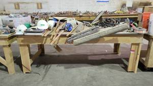 lot 7369 image: 8ft Wooden Work Bench W an Electrical Outlet