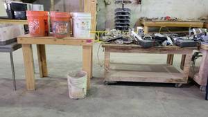 lot 7374 image: 2-Tier Wooden Cart and a Wooden Work Table
