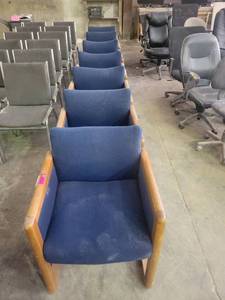 lot 15161 image: Lot of 7 Navy Fabric Wooden Frame Lobby Chairs