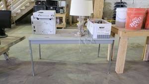 lot 15188 image: Gray Laminate Table W Metal Legs W Contents