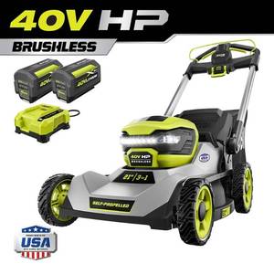 lot 1196 image: RYOBI 40V HP Brushless 21 in. Cordless Battery Walk Behind Self-Propelled Lawn Mower with (2) 6.0 Ah Batteries and Charger - Retail $599.00