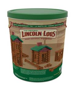 lot 938 image: Lincoln Logs 100th Anniversary Tin. 111 Pieces