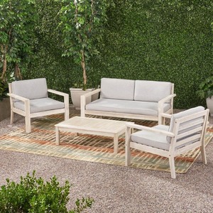 lot 1237 image: Outdoor 4 Piece Patio Set, Brushed Light Gray Wash - Retail $910.99