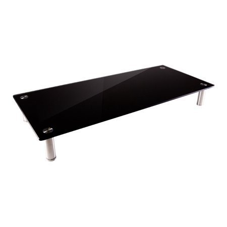 lot 4119 image: Monoprice Medium Multimedia Desktop Stand, Black Glass 25.6 x 11.0 - Stand & Riser, Desktop TV Stand, Dual Monitors w Height Adjustable Legs