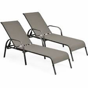 lot 4853 image: 2 Piece Outdoor Patio Lounge Chair Chaise Fabric with Adjustable Reclining Armrest-Brown OP70508CF-2