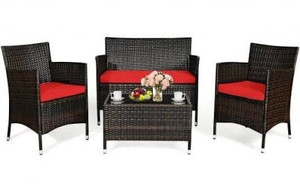 lot 4856 image: Costway 4PCS Rattan Patio Furniture Set Cushioned Sofa Chair Coffee Table Red