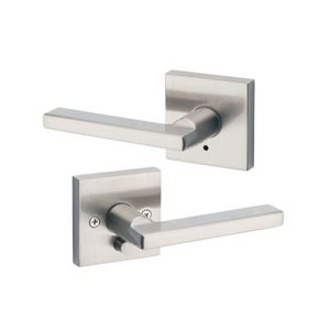 lot 4873 image: Kwikset Halifax Square BedBath Door Lever in Satin Nickel