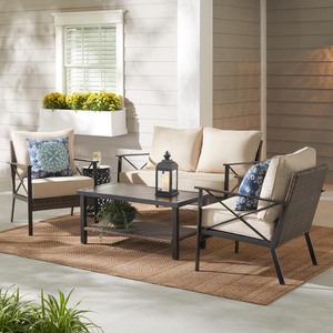 lot 4876 image: Hampton Bay Northport 4-Piece Wicker Outdoor Patio Deep Seating Set with Tan Cushions and Coffee Table