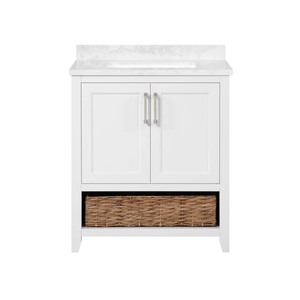 lot 4893 image: Home Decorators Collection Newhall 30 in. W x 22 in. D Bath Vanity in White with Cultured Marble Vanity Top in White with White Basin - bottom corner damaged might be an easy fix