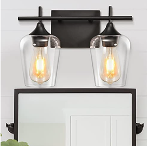 lot 34620 image: Lingkai Bathroom Vanity Light Fixtures, 2-Light Bathroom Wall Light Over Mirrors Lighting with Clear Glass Shade Modern Black Wall Sconces for Living Room Bedroom Hallway