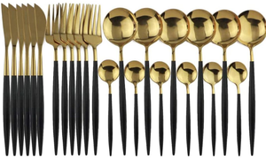 lot 34627 image: JANKNG Matte Finish Flatware Cutlery Set Service for 6, Satin Finish 24 Piece Silverware, 180 Stainless Steel Utensils Set for Home and Restaurant, Dishwasher Safe, Matte GoldBlack