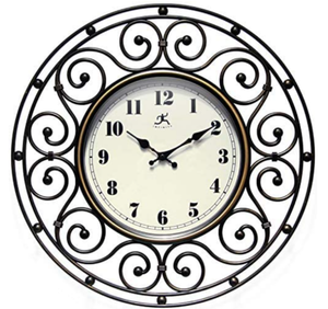 lot 34634 image: Provinciale 18 inch Decorative Faux Wrought Iron Design Plastic Bronze Wall Clock for Living Room, Bathroom, Bedroom Home Decor Battery Operated, Plastic Bronze Color Broken Glass, Bent Hand