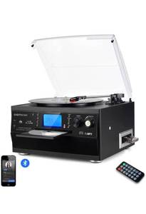 lot 32083 image: DIGITNOW Bluetooth Record Player Turntable with Stereo Speaker, LP Vinyl to MP3 Converter with CD, Cassette, Radio, Aux in and USBSD Encoding, Remote Control