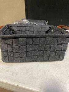 lot 32095 image: 3 Piece Felt Woven Baskets in gray With Brown PU Handles 14L x 6H x 9D