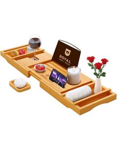 lot 32101 image: Luxury Bathtub Caddy Tray, 1 or 2 Person Bath and Bed Tray, Bath Tub Table Caddy with Extending Sides - Free Soap Dish (Natural)