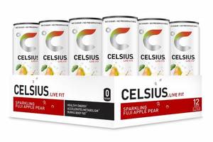 lot 32106 image: Lot of 2 CELSIUS Sparkling Fuji Apple Pear Fitness Drink, Zero Sugar, 12oz. Slim Can, 12 Pack