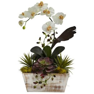 lot 62106 image: Nearly Natural 1326 Orchid and Succulent Garden with White Wash Planter, White