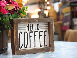 lot 62141 image: Hello Coffee Barn Wood Small Box Sign and fencing