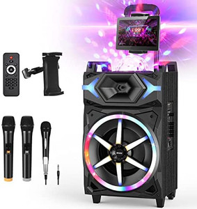 lot 62160 image: Karaoke Machine for Adults, 700W Peak Power Bluetooth 5.0 Karaoke System-PA Stereo with 10 Subwoofer, Multi-Function Speaker with 3 Microphones and 1 Stand, Panel Light Ring & Light Ball  (Retails $239)