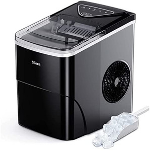 lot 63086 image: Silonn Ice Makers Countertop, 9 Cubes Ready in 6 Mins, 26lbs in 24Hrs, Self-Cleaning Ice Machine with Ice Scoop and Basket, 2 Sizes of Bullet Ice for Home Kitchen Office Bar Party  (Powers on works fine)