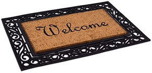 lot 63106 image: BirdRock Home Classic Welcome Brush Coir Doormat with Black Rubber Scroll Border (24 x 36)  (Stock photo is different from actual product)