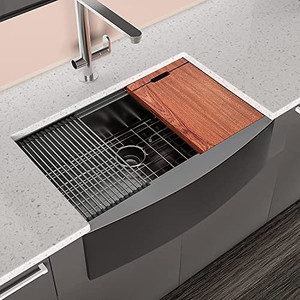 lot 63110 image: Mocoloo Farmhouse Sink - 30x22 Inch 16 Gauge Apron Front Gunmetal Black Stainless Steel