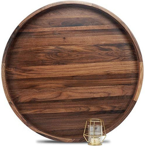 lot 63114 image: MAGIGO Classic Circular Wooden XL Decorative Serving Tray with Handles, Walnut Brown (24 Diameter)