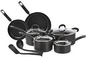 lot 63128 image: Amazon Basics Hard Anodized Non-Stick 12-Piece Cookware Set, Black - Pots, Pans and Utensils  (Damaged--See photos)  (SOLD AS IS)