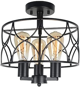 lot 63138 image: Beuhouz Black Metal Cage Ceiling Light Fixture, Round Industrial Semi Flush Mount Lighting  (Stock photo is different from actual product)