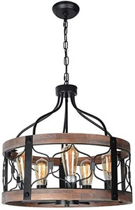 lot 63141 image: Beuhouz Round Farmhouse Rustic Chandelier Lighting, Black Metal and Wood Cage Drum Pendant Light Fixture Industrial Dining Room Light 5 Lights Edison E26 8045