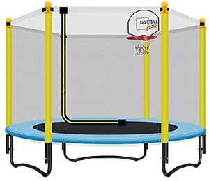 lot 63162 image: 60 Kids Trampoline with Safety Enclosure Net, 5FT Toddler Indoor & Outdoor Trampoline w Basketball Hoop - Parent-Child Interactive Game Fitness Trampoline Toy Gift for Boys and Girls Age 1-8   (Stock photo is different from actual product)