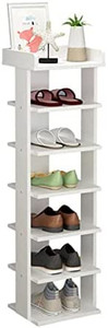lot 65017 image: ZEGROA Wooden Shoe Rack, 7-Tier Small Shoe Rack for Entryway, Narrow Tall Shoe Organizer with Extra Top Storage, Multi-Function Storage Stand Display Shelf for Hallway and Closet, Space Saving (White)