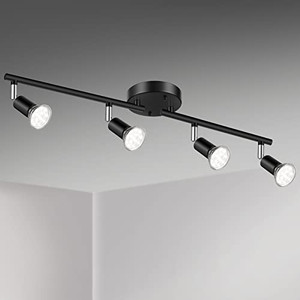 lot 65564 image: Unicozin LED 4 Light Track Lighting Kit, Black 4 Way Ceiling Spot Lighting, Flexibly Rotatable Light Head, Track Light Included 4 x LED GU10 Bulb (4W, Daylight White 5000K, 400LM)