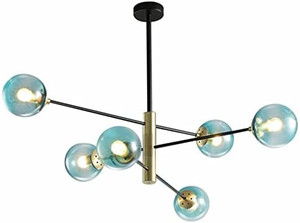 lot 65572 image: BOKT Modern 6-Light Blue Glass Globe Chandelier Mid-Century Magic Bean Pendant E26 Bulbs Adjustable Sloped Ceiling Hanging Lighting Fixtures for Living Room Bedroom Corridor Master Bedroom
