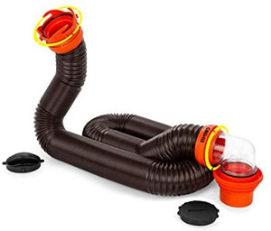 lot 65578 image: Camco RhinoFLEX 15ft RV Sewer Hose Kit, Includes Swivel Fitting and Translucent Elbow with 4-In-1 Dump Station Fitting, Storage Caps Included - 39761, Black