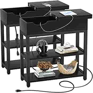 lot 65594 image: Aheaplus Sofa Side Table with USB Ports and Outlets, Narrow End Table Set of 2 with Charging Station, Bedside Nightstand with Storage Shelves, Slim Side Table for Small Space, Living Room, Metal Frame