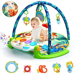 lot 65617 image: HOLYFUN Baby Gym Play Mat, Kick and Play Piano Gym with 5 Sensory Teether Toys, Multifunctional Tummy Time Round Playmats, Musical Activity Center Early Development Gift for Newborn Infants Toddlers