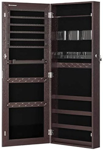 lot 66887 image: SONGMICS Mirror Jewelry Cabinet Armoire, Lockable Wall-Mounted Storage Organizer Unit with 2 Plastic Cosmetic Storage Trays, Full-Length Frameless Mirror, Brown UJJC001K01