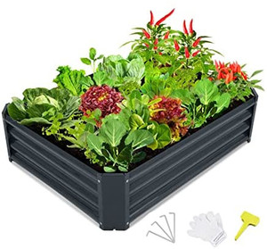 lot 66896 image: CEED4U 4 x 3 x 1 Feet Metal Raised Garden Bed with 4 Pcs Garden Stakes, 15 Pcs Plant Labels and Gloves, Elevated Vegetable Planter Box for Vegetables, Fruits, Flowers, Herbs, Succulents (Dark Grey)