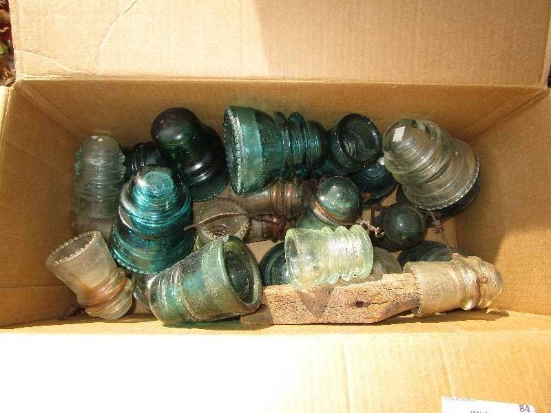lot 84 image: Huge Lot of Antique Railroad Insulators, Some with Wood Attached