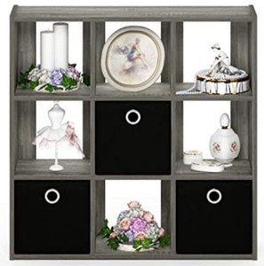 lot 6 image: Furinno 13207GYBK Simplistic 9-Cube Organizer with Bins, French Oak GreyBlack